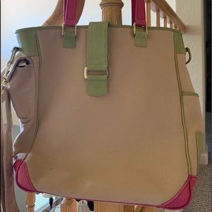 Marka tote bag, tan w/ fushcia and lime accents